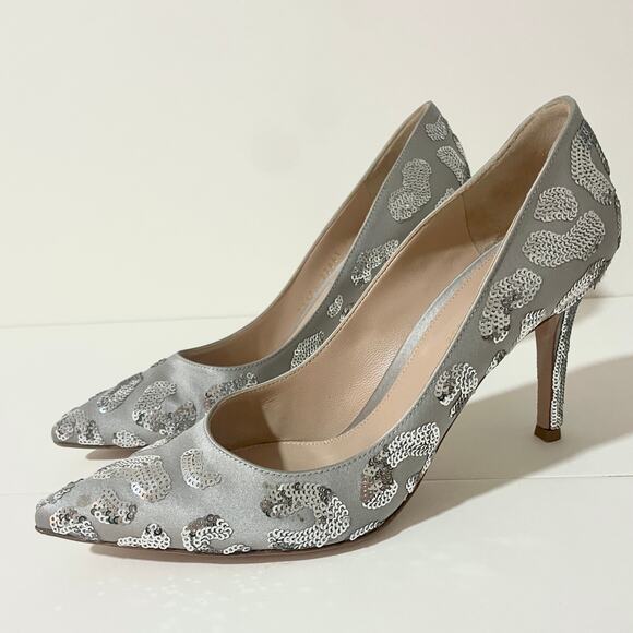 Gianvito Rossi Daze Satin Heels Pumps Shoes Silver Sequin Leopard 37.5 - Picture 4 of 13
